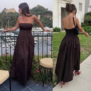 LPA Giana Strapless Boned Bodice Cotton Dress Chocolate Brown